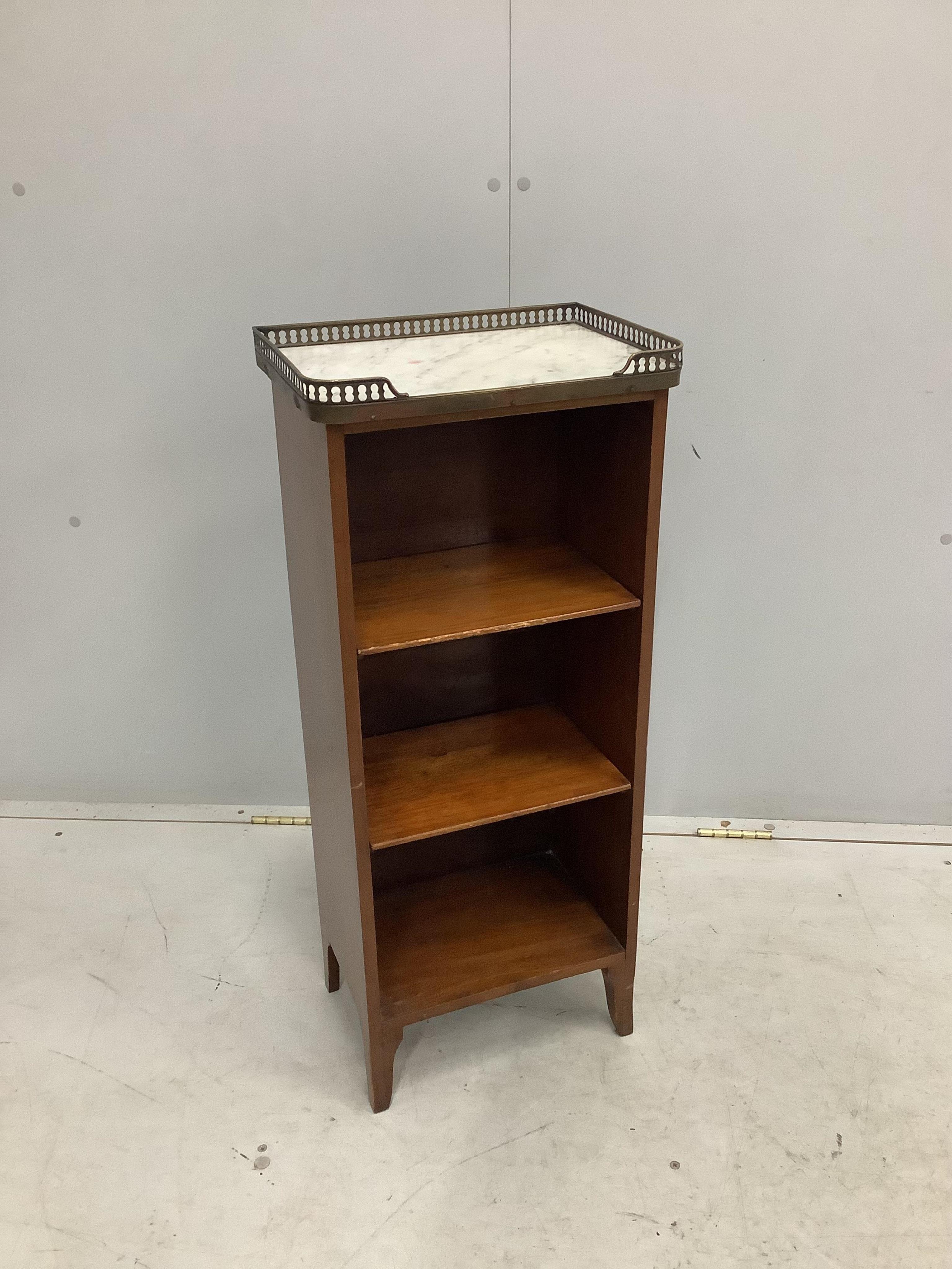 A small French marble topped open bookcase, width 34cm, depth 24cm, height 81cm. Condition - fair